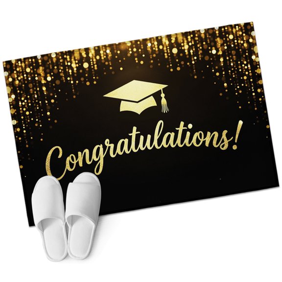 Gold Graduation Cap Washable Small Entryway Area Rugs 2'x3', Sparkles Minimalist Congratulations Black Low Pile Throw Rug Non-Slip Sturdy Edge Binding Carpet for Front Door Floor Room Entry
