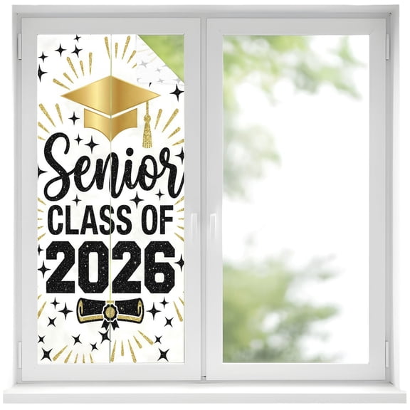 Gold Graduation Cap Window Privacy Film Class of 2026 Modern Fireworks Stars Decorative Glass Window Film UV Blocking Static Cling Non-Adhesive Sticker Covering for Home Door 19.6 x 39.3 inches