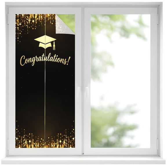 Gold Graduation Cap Window Privacy Film, Sparkles Minimalist Congratulations Black Frosted Glass Window Clings Static Cling UV Heat Blocking Reusable Door Sticker for Bathroom 19.6 x 39.3 Inch