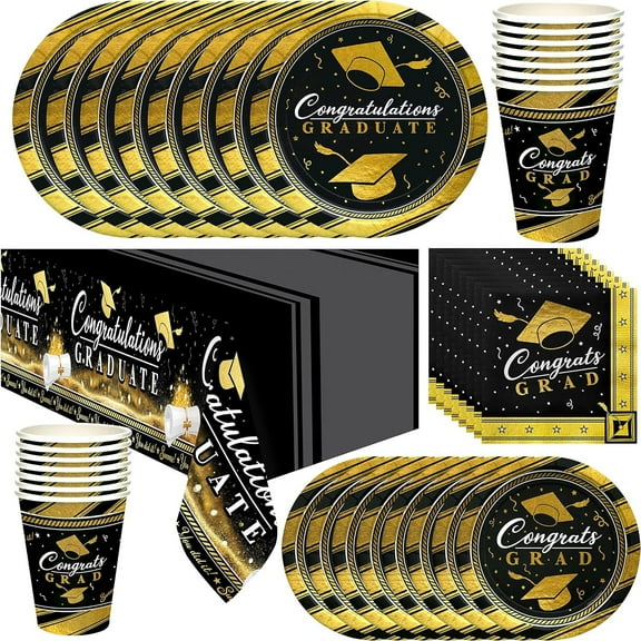 Gold Graduation Party Tableware Deluxe Set for 16 Guests