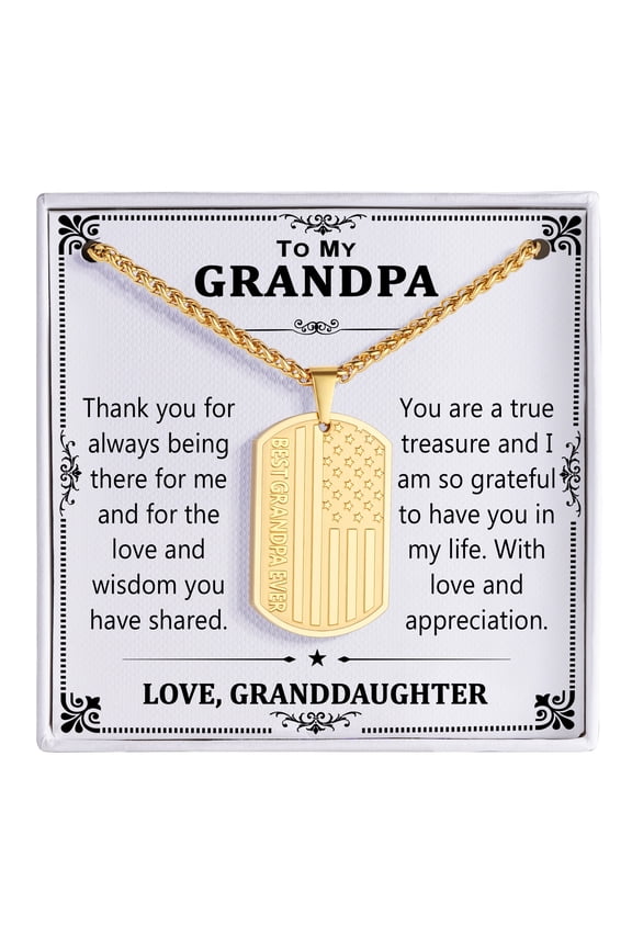 Gold To My Grandpa Necklace Gifts from Granddaughter,Best Grandpa Ever American Flag Dog Tag Pendant Necklace Chain Jewelry Christmas Birthday Valentine's Day Father's Day Gifts for Old Men