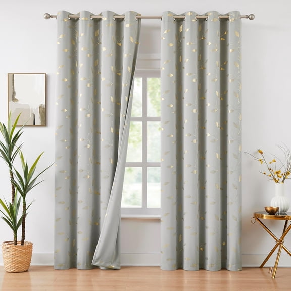 Gold Gray Blackout Curtains with Golden Leaf Pattern, Thermal Insulated Metallic Grommet Drapes, 84" Long, 2 Panels