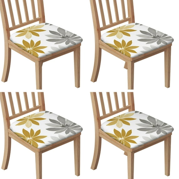Gold and Gray Flowers Seat Covers for Dining Room Chairs Set Of 4,Stretch Printed Washable Chair Seat Cover with Elastic Ties and Button,Removable Waterproof Couch Cushion Covers
