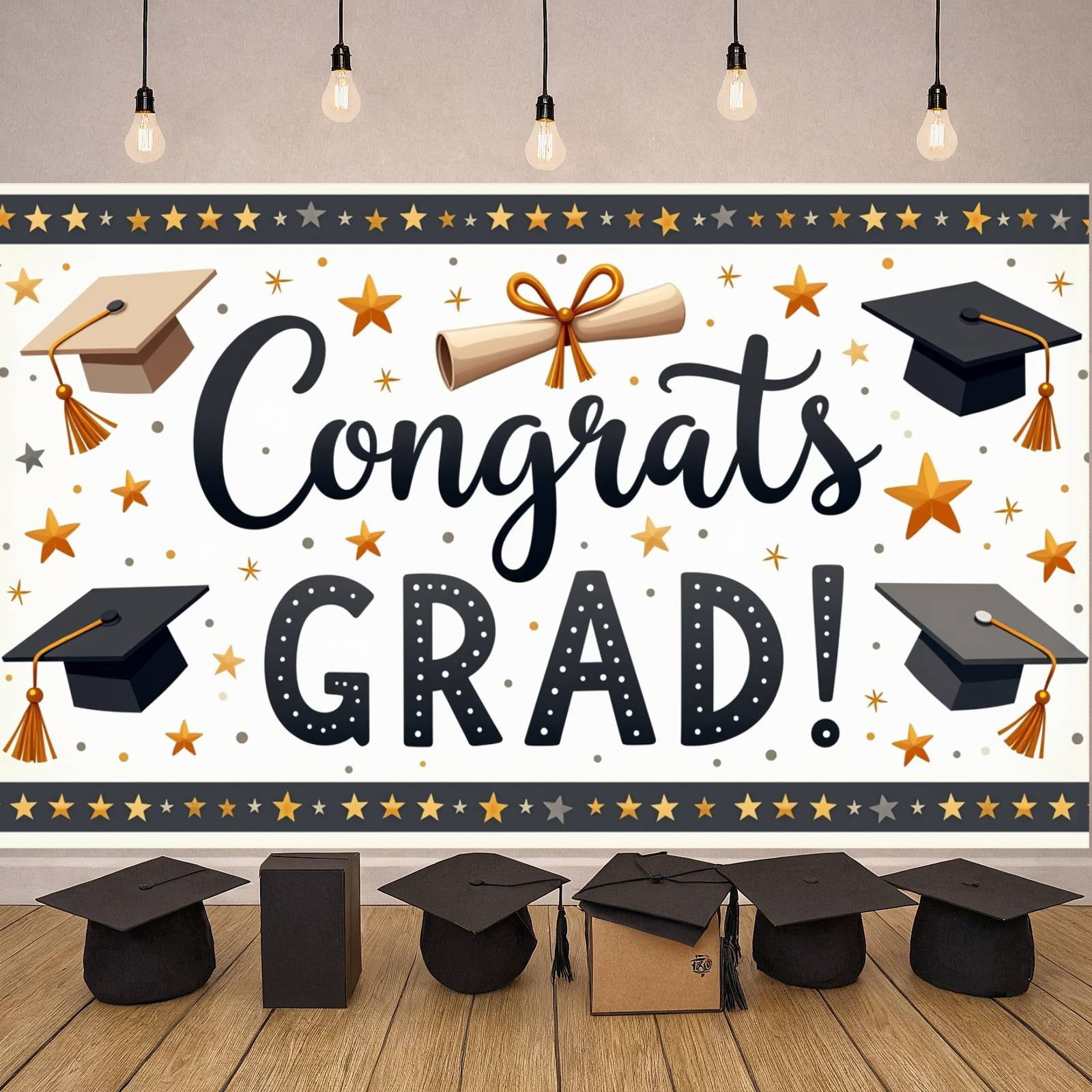 Grad Display Gold & Gray Star Pattern Graduation Banner Festive Diploma Graduation ...