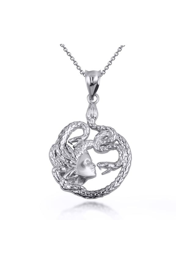 Medusa Divine Power of Femininity Gold Pendant Necklace, 10k White Gold, 16 in Rolo Chain