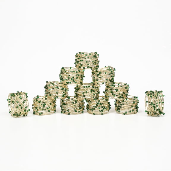 Homebia Designs Gold Green Beaded Napkin Rings Set of 12, Decorative Napkin Holders, Elegant Dining Table Décor Accessories