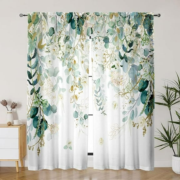 Gold Green Curtains Sage Green Leaves Light Filtering Curtain White Floral Drapes For Living Room Farmhouse Leaf Retro Elegant Window Curtains For Bedroom 26"W x 63"L (Pack of 2)