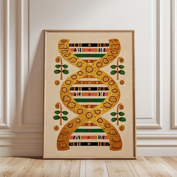 Gold Green DNA Helix Patterned Folk Minimal Science Wall Art Unframed Paper Print