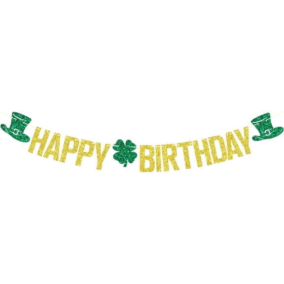 Gold Green Glitter Happy Birthday Banner with Leprechaun Hat Four Leaf Clover Cutouts, St. Patrick's Day Birthday Party Supplies