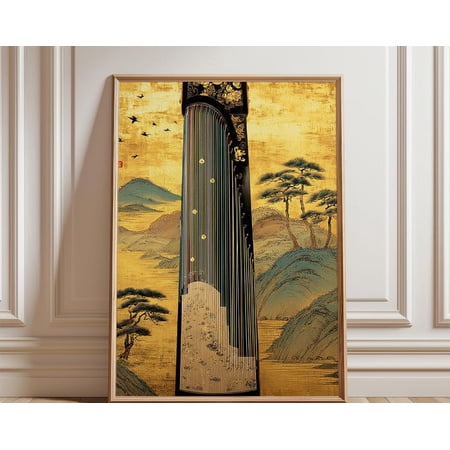 Gold Green Guzheng Vintage Asian Musical Instrument Traditional Landscape Wall Art, Unframed Paper Poster 8x10in