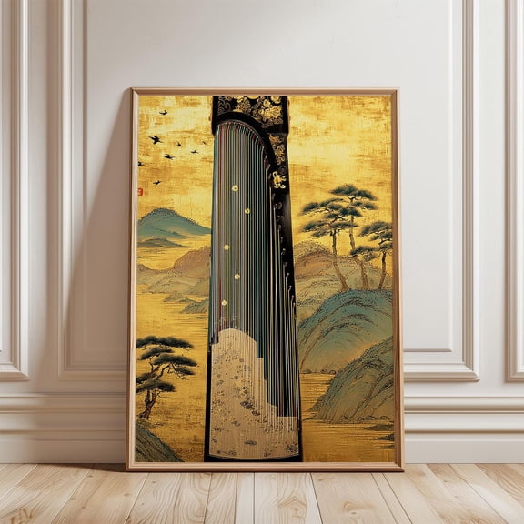 Gold Green Guzheng Vintage Asian Musical Instrument Traditional Poster, Versatile Cultural Theme For Bedroom, Office And Home Decor