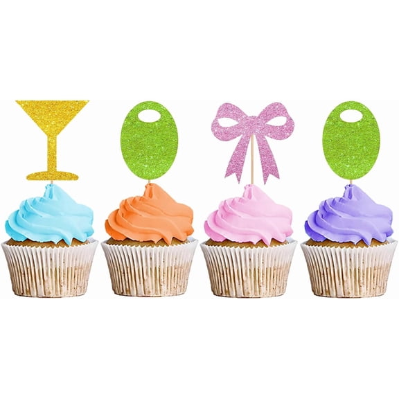 Gold Green Pink Glitter Cocktail Bow Beach Cupcake Toppers, 12 Pack Summer Bachelorette Party Cupcake Picks, Bridal Shower Pool Party Cake Decor Supplies