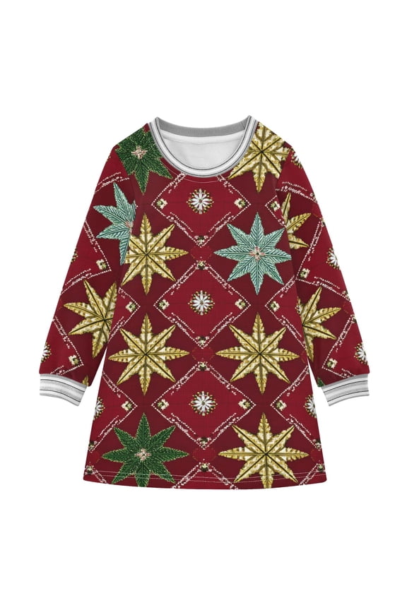 Gold Green Stars Christmas Long-sleeved Dress A-line One-Piece Dress for 2-8 Years Casual Party 3T