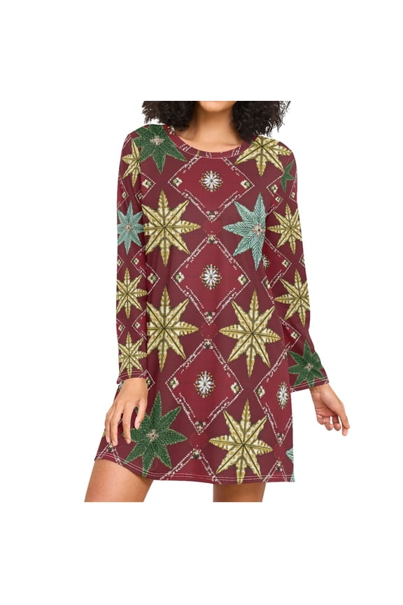 Gold Green Stars Christmas Women's Long Sleeves Nightgowns Sleepwear Soft Pajama A-line Sleep Dress M