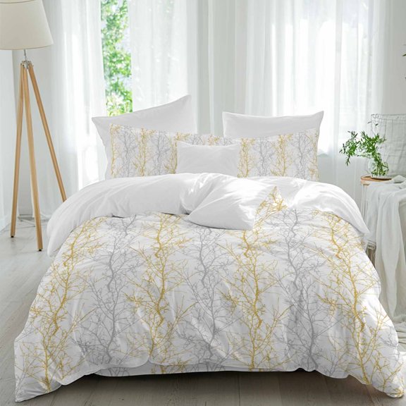 Gold Grey Comforter Set Twin Size, Tree Branch Soft Bedding Set for Man Woman, 4 Pieces Duvet Cover Set with Fitted Sheet, 2 Pillowcases