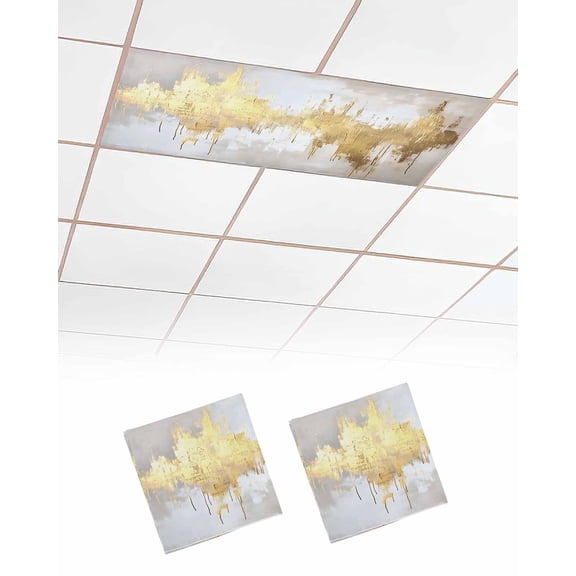 Gold Grey Fluorescent Light Covers for Ceiling Lights 4x2 feet,2 Pack Magnetic Light Filters for Classroom,Abstract Contemporary Square Graffiti Smear Art Fluorescent Light Shade Panel for Office