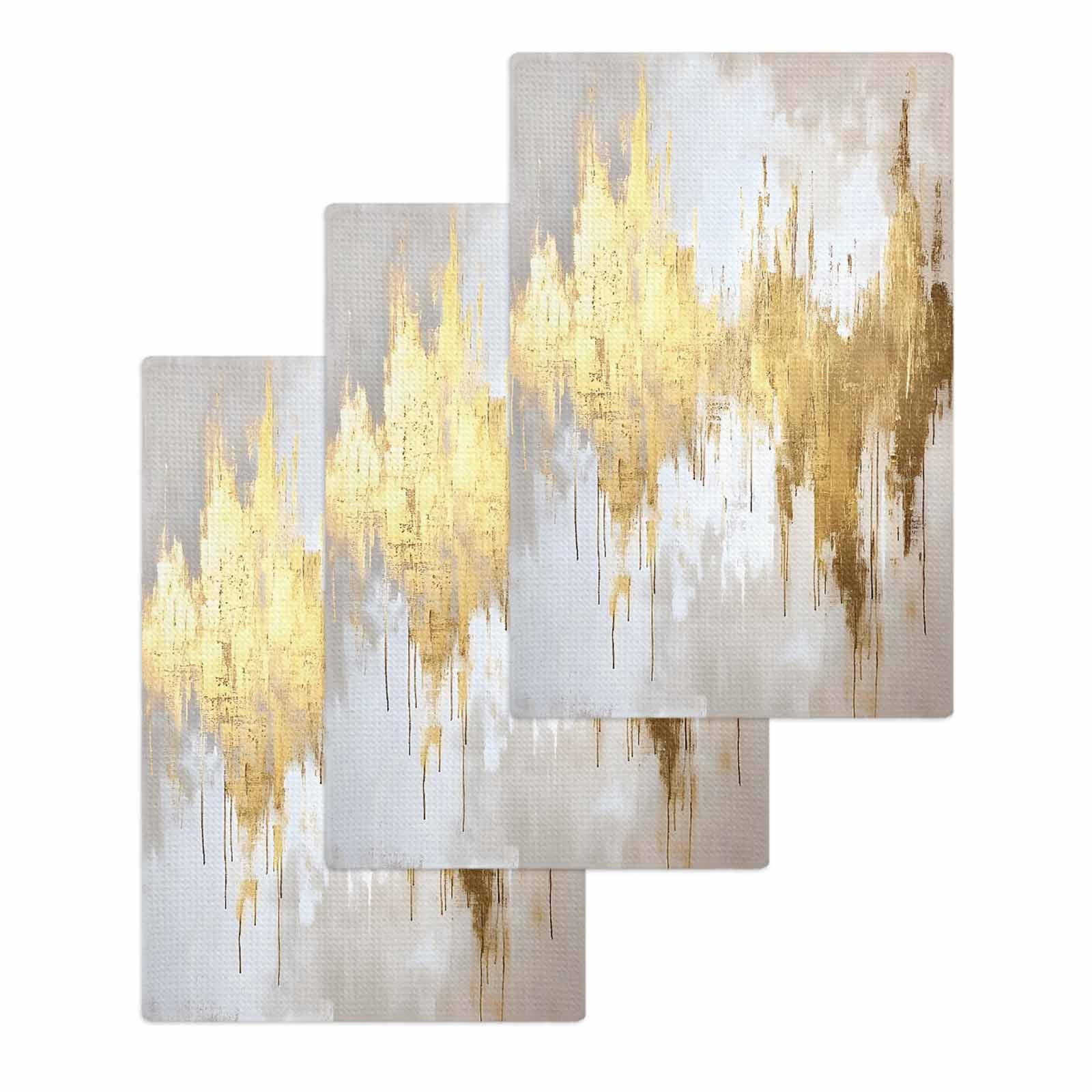 Gold Grey Hand Towels Set,Waffle Weave Kitchen Towels 3Pcs, Abstract Contemporary Square Graffiti Smear Art Microfiber Hair Face Bath Tea Towel Absorbent Quick Drying Cleaning Dish Cloths 15.7"x23.6"