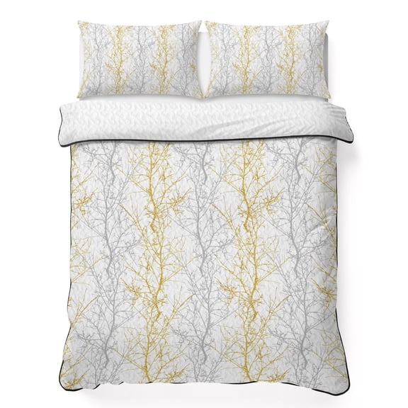Gold Grey King Quilt Bedding Set, Tree Branch Lightweight Comforter with 2 Pillow Shams Bedroom Bedspread Set Home Decor for All Seasons