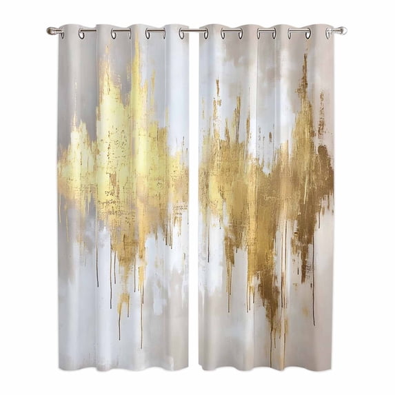 Gold Grey Kitchen Curtains 96 Inch Length, Abstract Contemporary Square Graffiti Smear Art Grommet Top Bedroom Living Room Curtains, Light Filtering Cafe Curtain Drapes 2 Panels Set 104''x96''