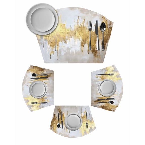 Gold Grey Round Table Placemats Set of 2 Wedge Placemats, Abstract Contemporary Square Graffiti Smear Art Place Mats for Dining Table Set Washable Mats Kitchen Decor for Indoor Outdoor Wipe Clean