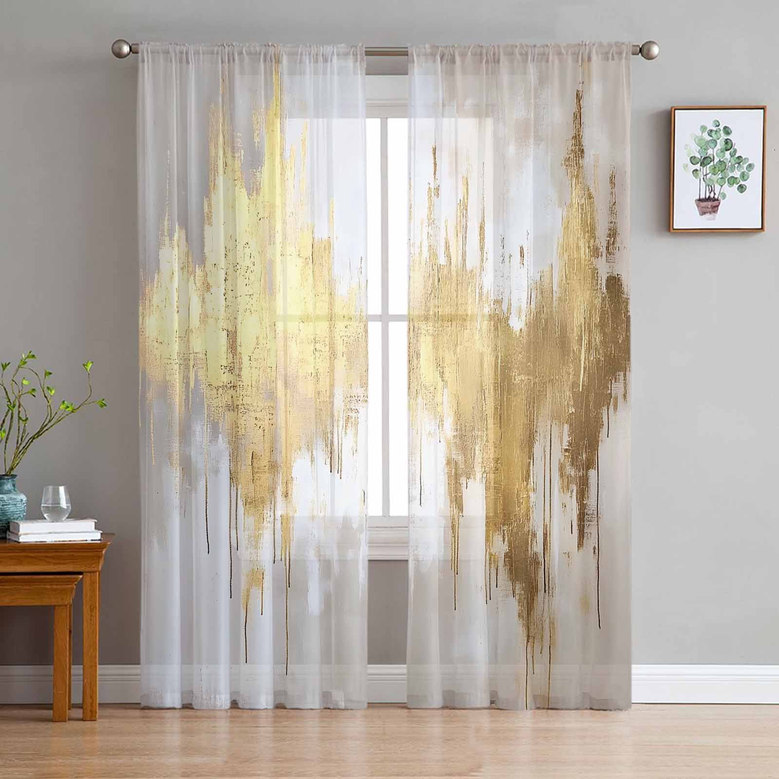 Gold Grey Sheer Curtains 72 Inch Length 2 Panels Set for Living Room