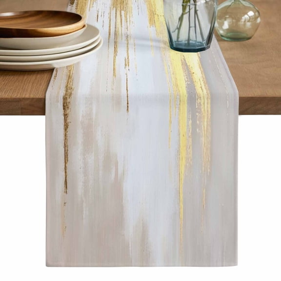 Gold Grey Table Runner, Abstract Contemporary Square Graffiti Smear Art Cotton Linen Table Runners 108 Inches Long, Dresser Scarf Runner for Dining/Living Room/Kitchen/Square Tables 13''x108''
