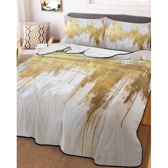 Gold Grey Twin XL Size Down Alternative Comforter,Lightweight Comforter Quilt Bedding Set with Pillow Shams Abstract Contemporary Square Graffiti Smear Art Bed Comforter Duvet Insert 68"x98"