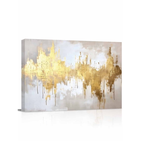Gold Grey Wall Art for Living Room,Canvas Picture Wall Decor for Bathroom Bedroom,Abstract Contemporary Square Graffiti Smear Art Painting Artwork for Office Kitchen Hallway Dining Room Decor 16"x20"
