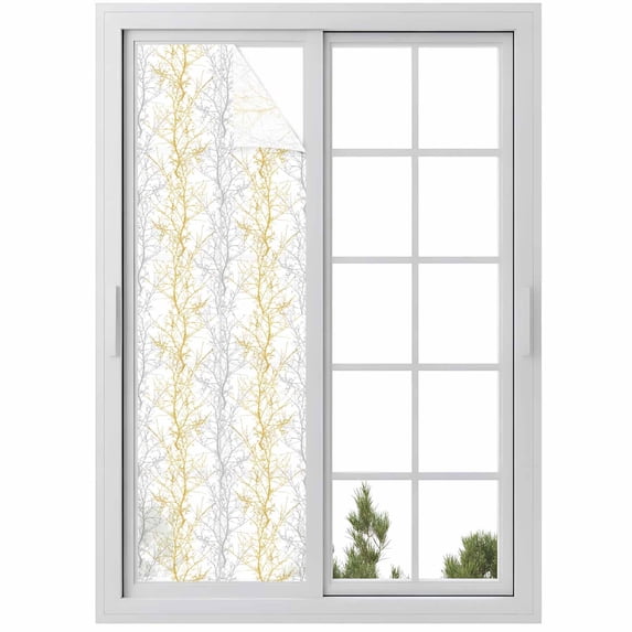 Gold Grey Window Privacy Film Tree Branch Decorative Glass Window Film UV Blocking Static Cling Non-Adhesive Sticker Covering for Home Door 17.7 x 78.7 inches