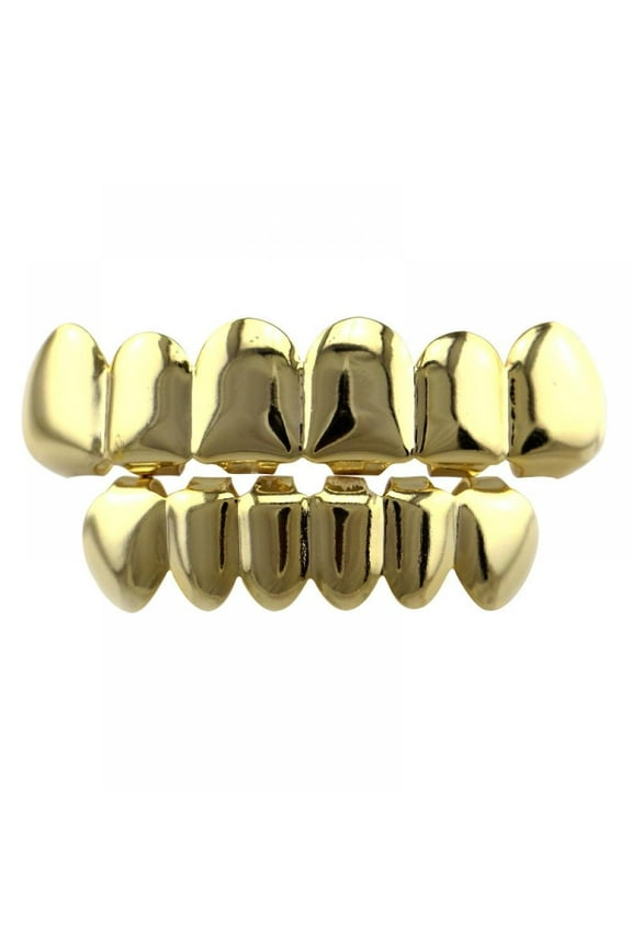 Gold Grills for Your Teeth 18K Gold Plated Hip Hop Fit Polished Teeth Grillz for Men and Women Rapper Costume