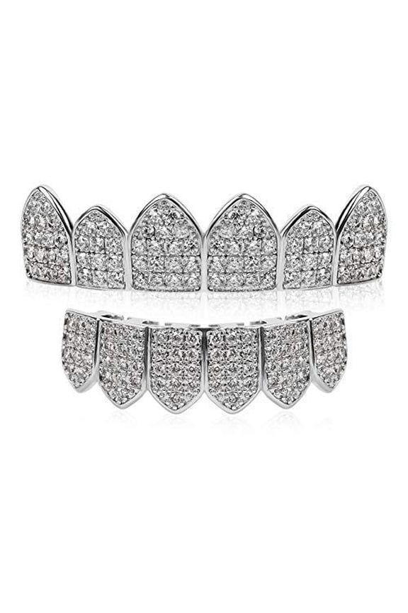 Gold Grillz Teeth Set CZ Diamonds Grillz 24k Plated Gold Top & Bottom Grill Hip Hop Bling Iced Out Grillz For Son + Extra Molding Bars + Microfiber Cloth