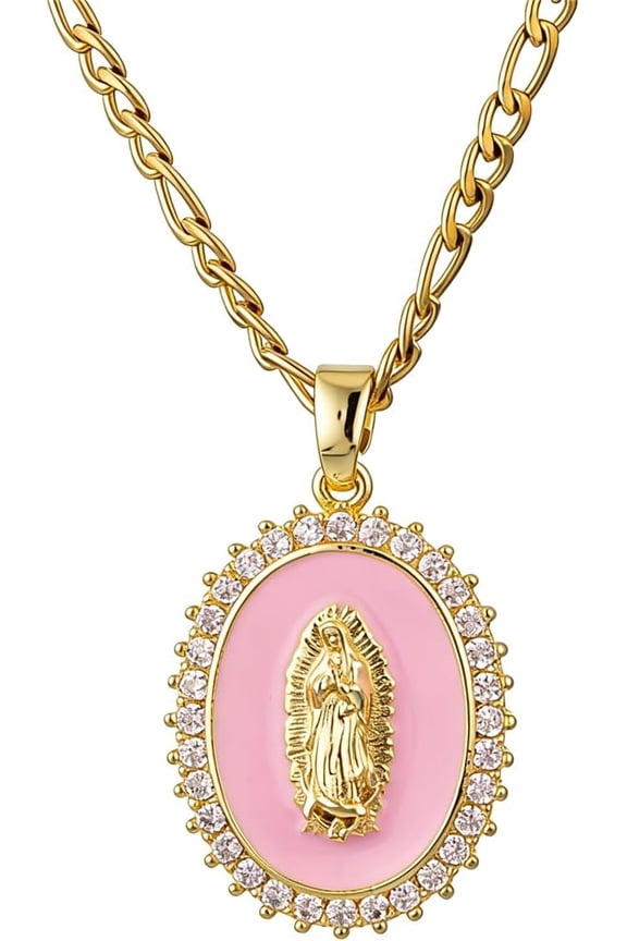 Gold Guadalupe Virgin Mary Necklace for Women Men Teens, 14K Gold Plated Oval Zircon Inlay Oil Drip Virgin Mary Pendant with Stainless Steel Figaro Chain Necklace[j8012]