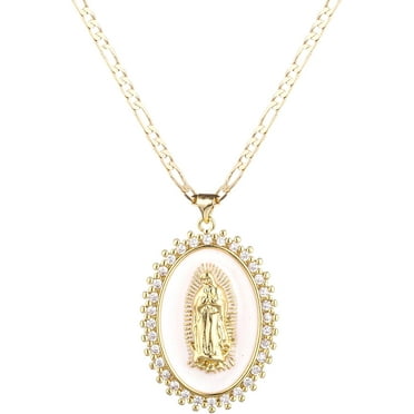 Stainless Steel Virgin Mary Guadalupe Oval Pendant Necklace - 24 Inch Gold Chain - Metaltree98