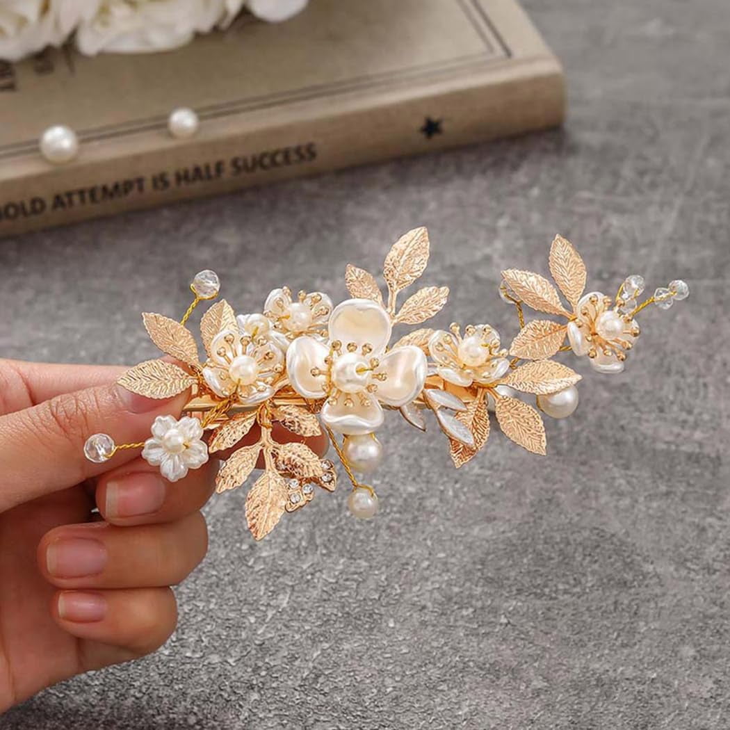 Gold Hair Clip Bridal Hair Accessories Flower Hair Piece for Women FJ03 (Gold)
