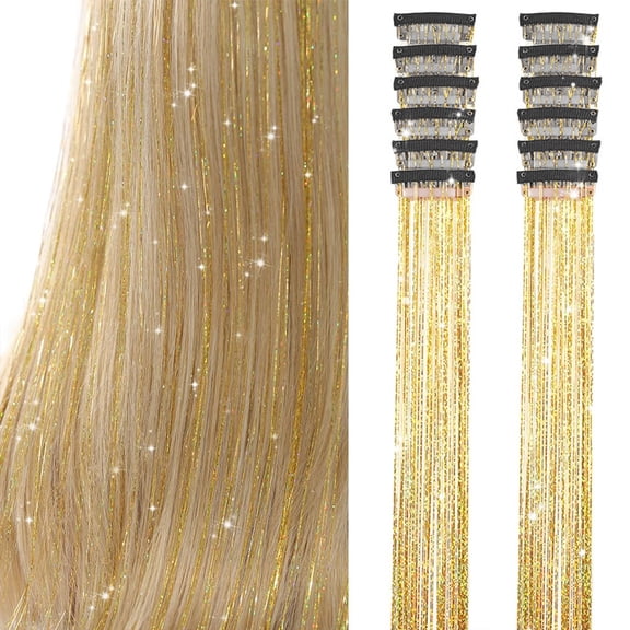 Gold Hair Tinsel Pack of 12, 50–60cm Clip-in Glitter Hair Extensions, Shiny Fairy Hair Strands for Party, Festival, Wedding, Cosplay, Birthday, Women & Girls