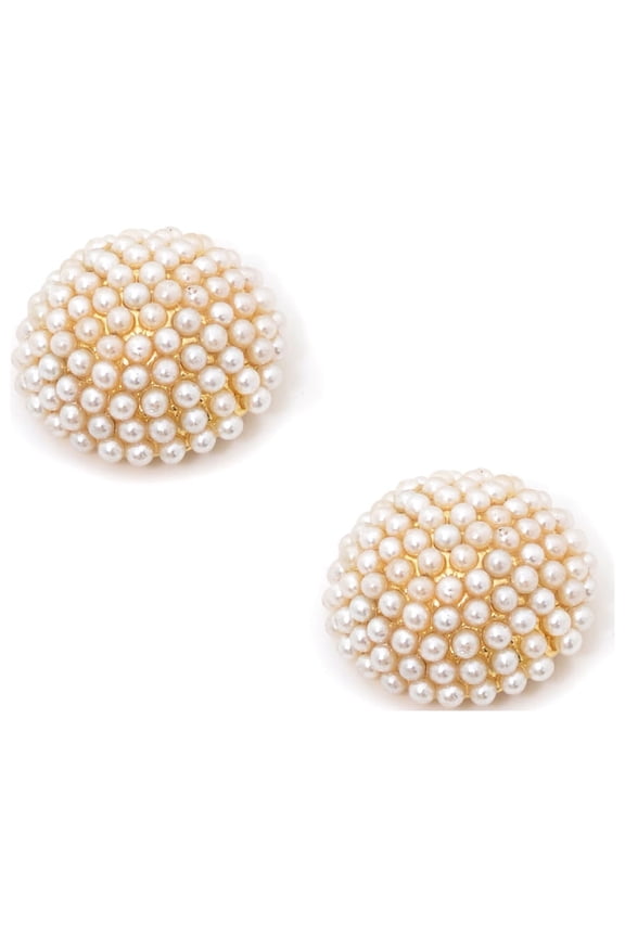 Gold Half Sphere Earrings with Mini Cream Pearls