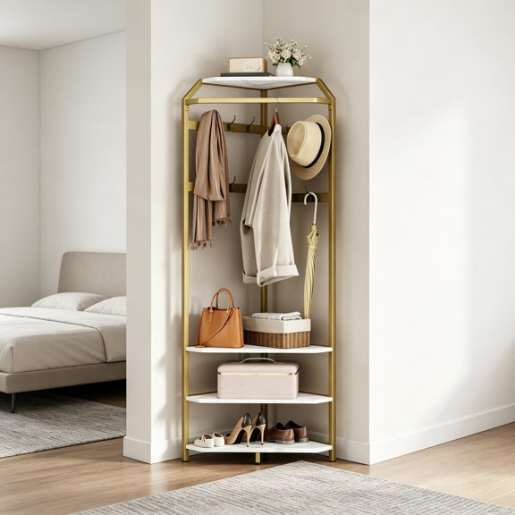Gold Hall Tree with 6 Double Hooks, Entryway Storage Bench with Shelf, Corner Coat Rack with Shoe Bench, Wooden Hanger Stand for Jackets, Hats and Shoes