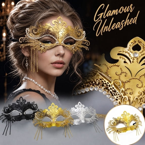 Gold Halloween Masquerade Mask for Women, Rhinestone Cutout Half Face Mask with Dangling Chain Veil, Sparkling Party Mask for Masquerade Ball