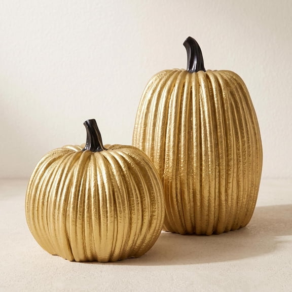 Gold Halloween Pumpkin Decor, Small Resin Pumpkins Set of 2, Luxury Glam Fall Thanksgiving Indoor Farmhouse Table Mantel Decorations