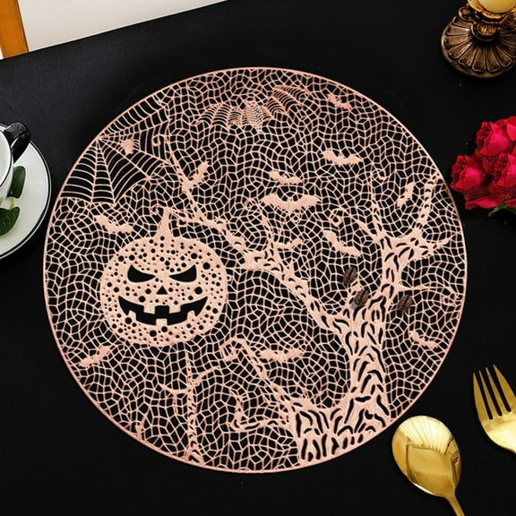 Gold Halloween Pumpkin Placemat - 14.96x14.96in PVC Table Mat for Restaurant & Home Decor - Waterproof, Heat-Resistant & Anti-Slip Party Tableware for Halloween, Thanksgiving & Fall Decorations