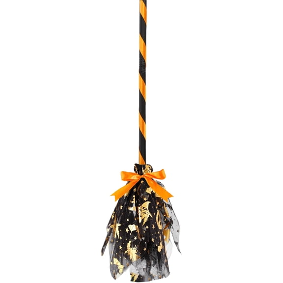 Gold Halloween Witch Broom 35 Inch Decoration Mesh Magic Flying Broomstick Prop For Party Costume Haunted House Wall Hanging