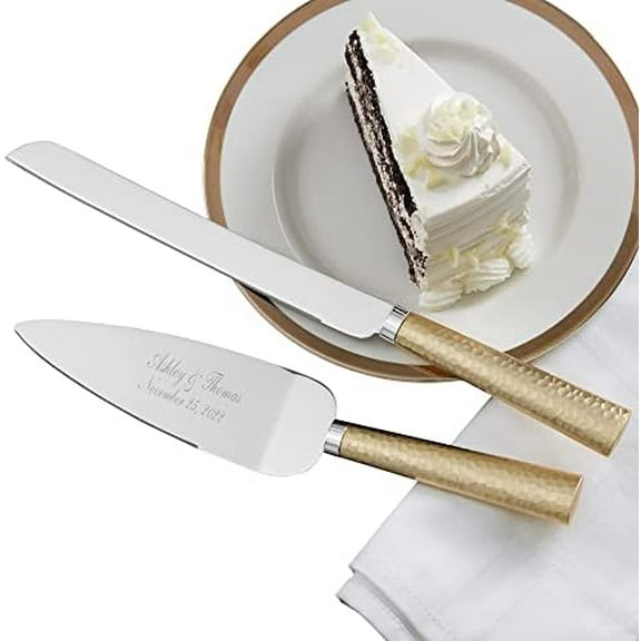 Gold Hammered Personalized Wedding Cake Knife & Server Set, Engraved with Names and Date, Elegant Gold Decor for Wedding Reception and Cake Cutting$$Home Decor, Kitchen, & Other