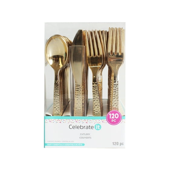 Gold Hammered Plastic Cutlery Set by Celebrate It - 120ct.