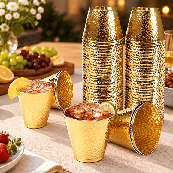 Gold Hammered Plastic Party Cups 9oz, BPA-Free Leakproof Disposable Cups, Premium Elegant Drinkware for Weddings Birthdays Holidays Gatherings