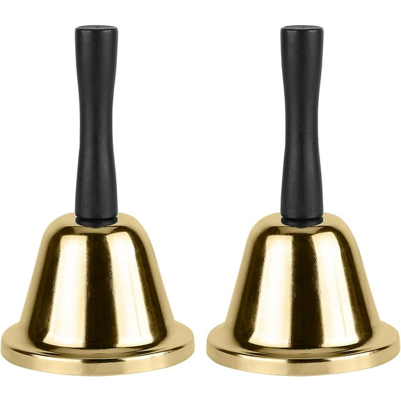 Gold Hand Bell, 2 Pack Steel Hand Bell Call Bell for Wedding, Adults, Dinner Bells for Food Line, Classroom Bell for Inside, Alarm, Jingles,Ringing