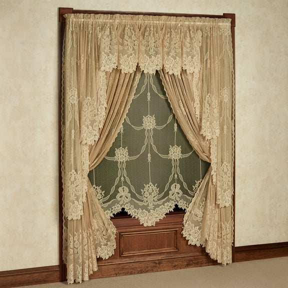 Gold Hand-Cut Lace Window 5-pc Set: Valance, 63L Swag Pair, 1-63L Panel, & 2-84L Curtains