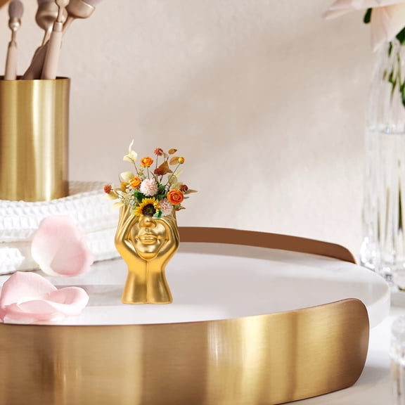 Gold Hand Sculpture Resin Desktop Art Piece Human Face Vase Holder Abstract Figurine Mantel
