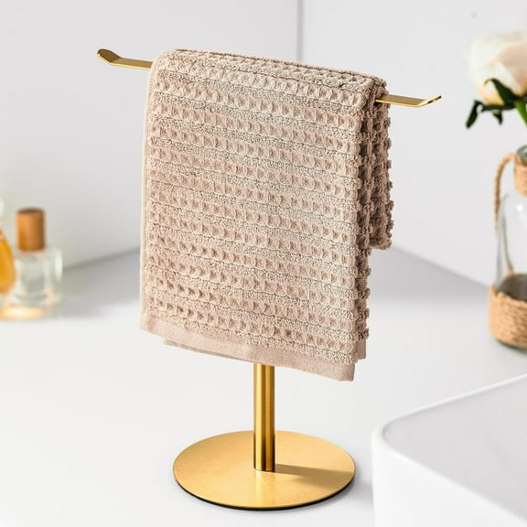 Gold Hand Towel Holder Stand – Countertop T-Shaped Stainless Steel Towel Rack with Non-Slip Base for Vanity and Kitchen