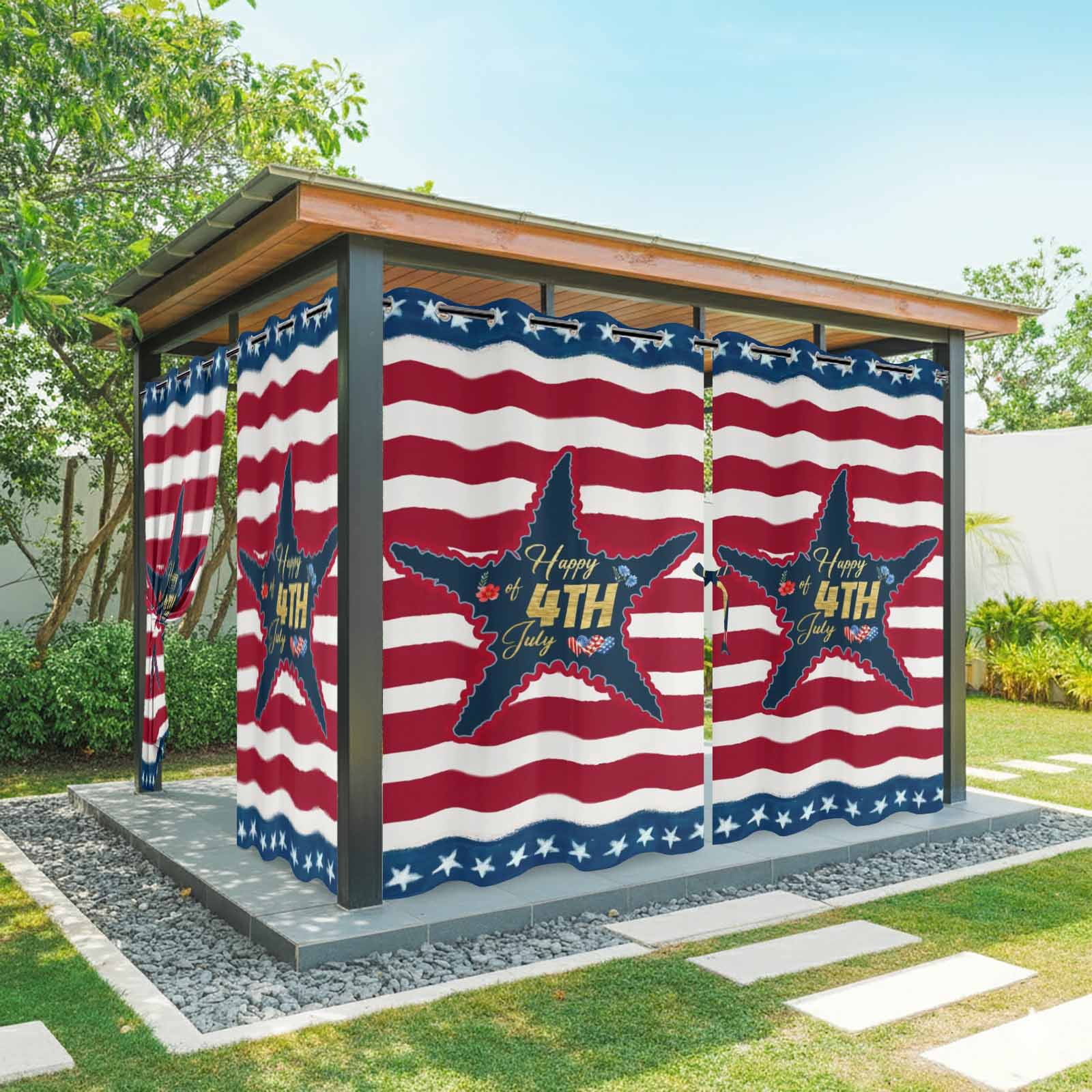 Gold Happy of 4th July Outdoor Curtains for Patio, Rustic Red Blue Star Stripes Sunshade Privacy Drapes Grommet Waterproof Outside Curtains for Porch/Cabana/Balcony 54"x 108", 1 Panel