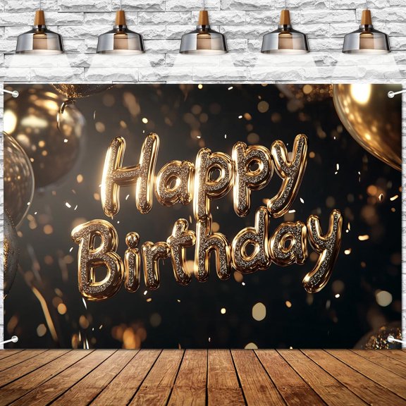 Gold Happy Birthday Backdrop Banner - Black Gold Champagne Metallic Bokeh with Glitter Balloons Confetti, Photography Background for Birthday Table, Prom Holiday Party Supplies 72x43 Inch